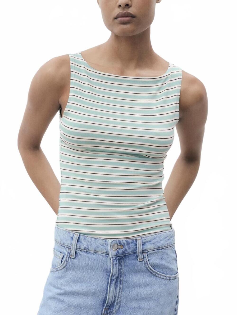 Mango Striped Boat Neck Top NWT Green Medium